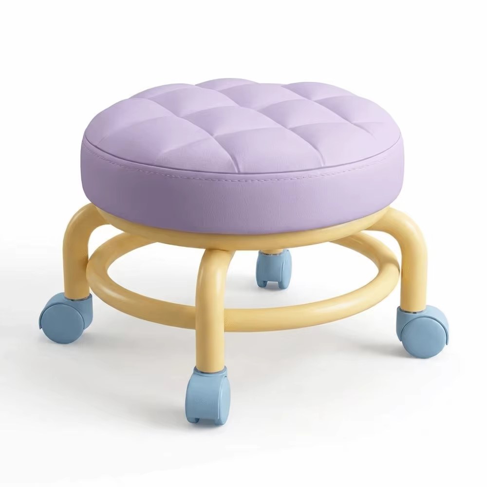 Tabouret à roulettes rond avec siège rembourré, couleur contrastante, tabouret bas, roulettes univer