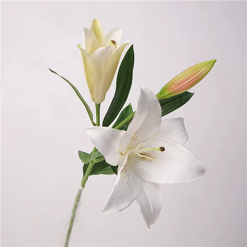 Bouquet de fleurs artificielles de grand lys hydratant, 3 têtes, toucher réel, décoration de mariage