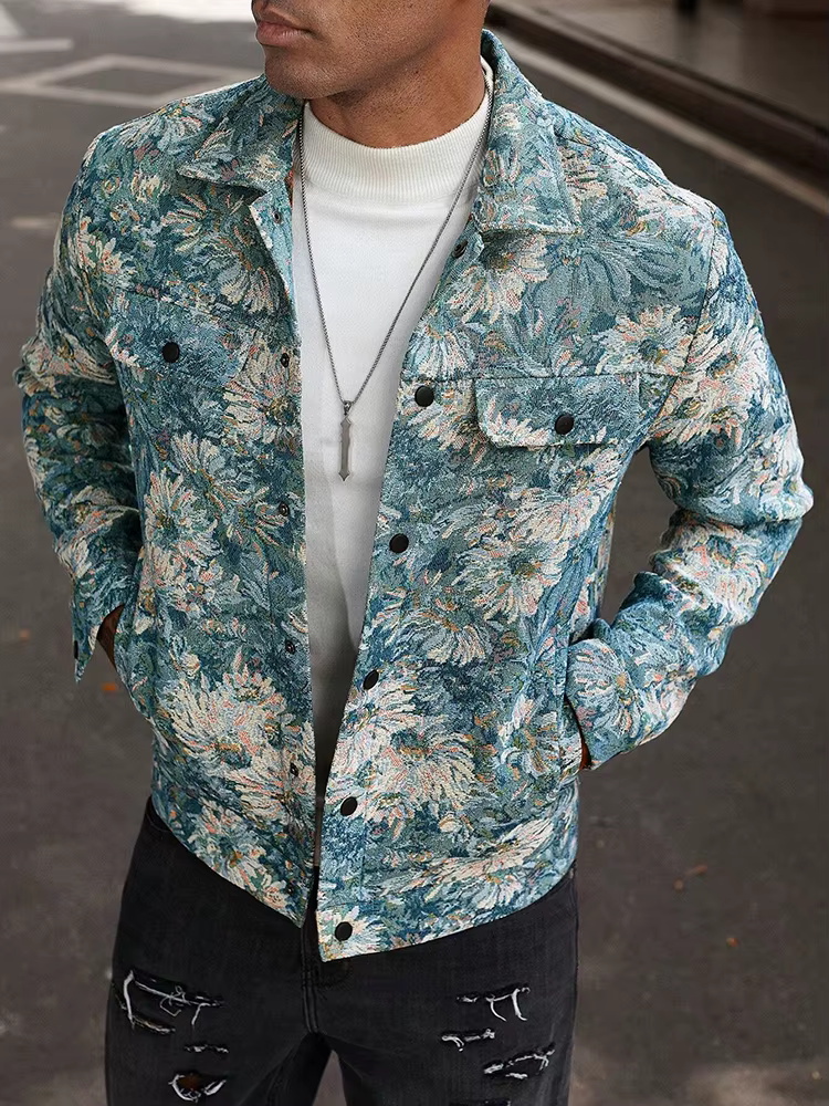 Veste texturée à motifs floraux vintage pour homme, manteau décontracté d'automne à manches longues,