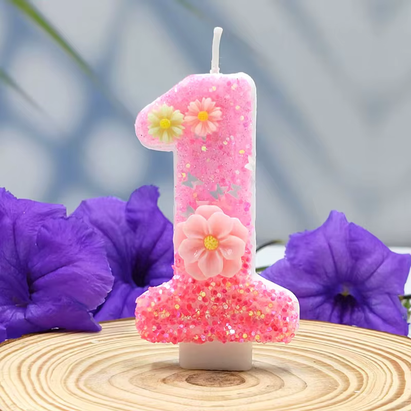 Bougies d'anniversaire avec chiffres roses en fleurs de cerisier, mignonnes et brillantes, pour 2ème