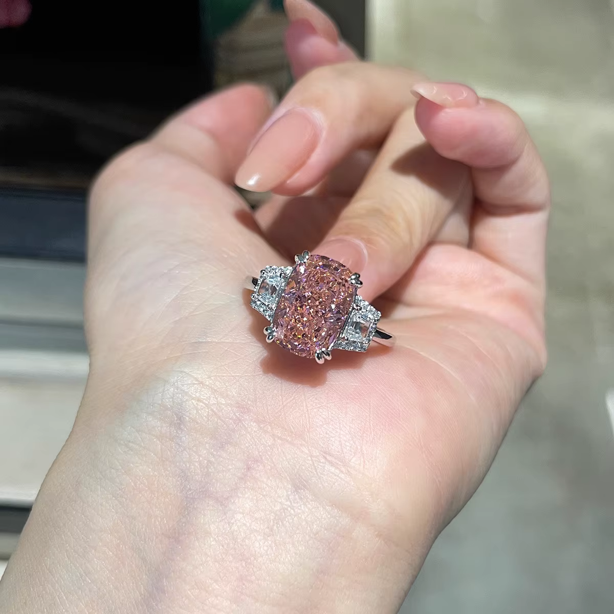 Bague en argent sterling S925 avec diamant rose taille fleur de glace, bague rectangulaire de luxe l