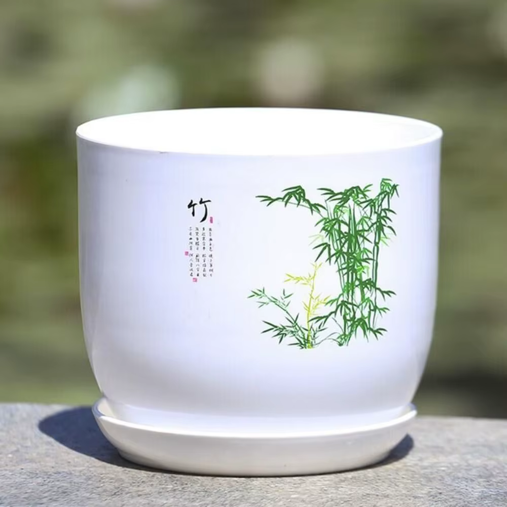 Pot de fleurs en plastique extra large blanc avec plateau, pot de fleurs en résine PP rond respirant