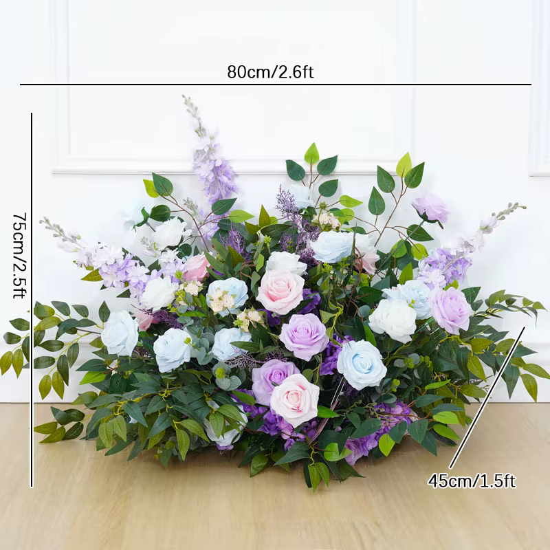 Décoration d'arche de mariage en plein air, arrangement de fleurs en rangée, rose bleue violette, de
