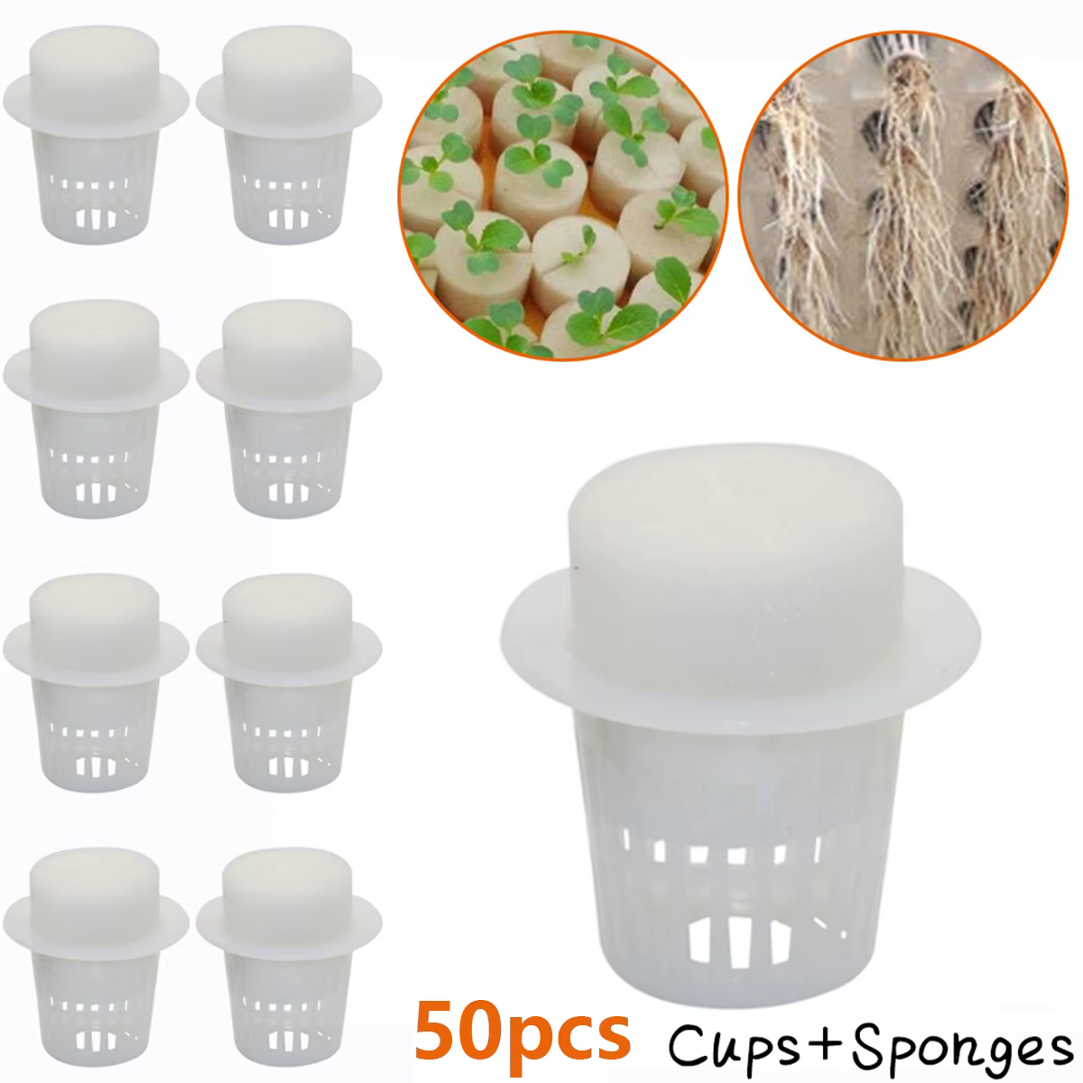 Gobelets en filet pour plantes et 50 cylindres, éponge pour culture hydroponique, orchidées, démarra