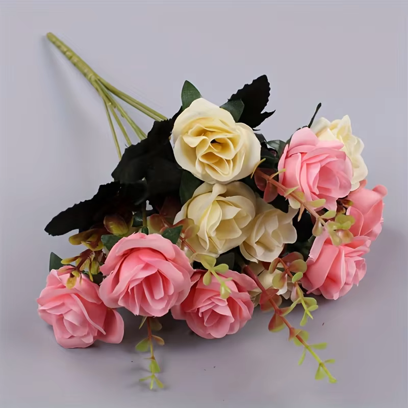 12 têtes de roses artificielles, fausses fleurs bicolores avec tiges, fausses roses, bouquets de fle