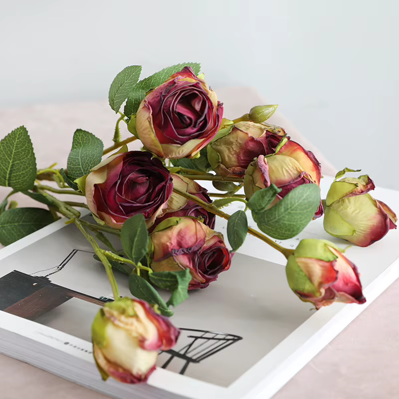 Simulation Roses Bouquet bord brûlé fausses fleurs en soie mariage Floral intérieur extérieur centre