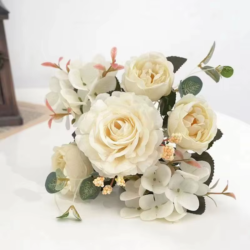 Bouquet de fleurs artificielles en soie : roses, hortensias, pivoines – Décoration de mariage, maiso