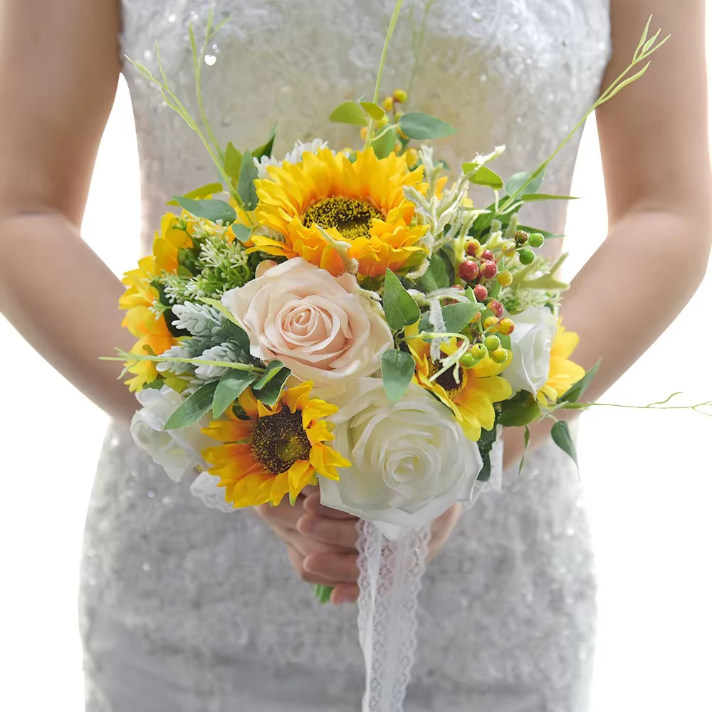 Bouquet de Tournesol Artificiel, Rose, Patients, Décoration de Mariage