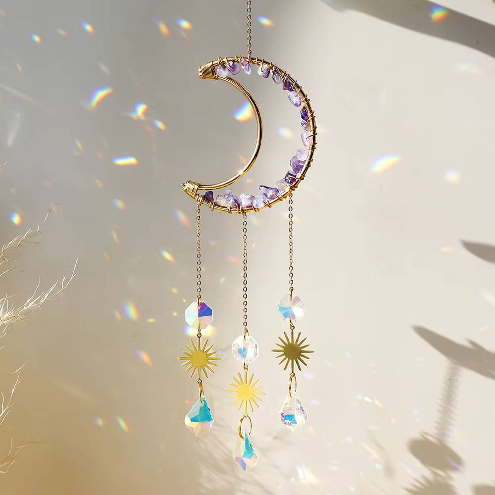 Améthyste Suncatcher lune cristal pierre précieuse Windchime Sun Catcher décor à la maison arc-en-ci
