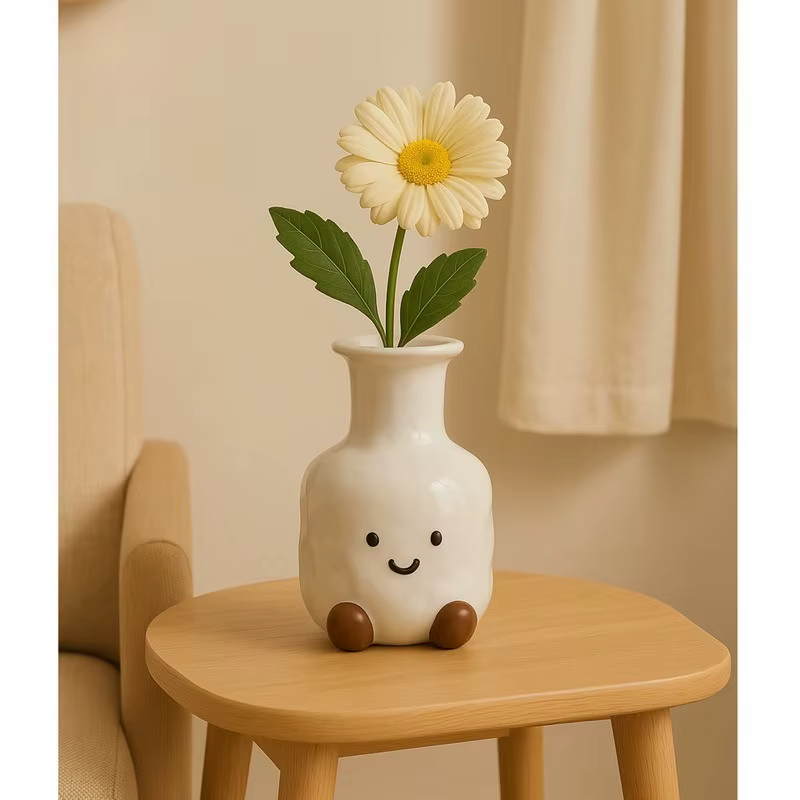 Vase à visage souriant mignon, article décoratif créatif pour la maison, salon, Table, fleurs séchée