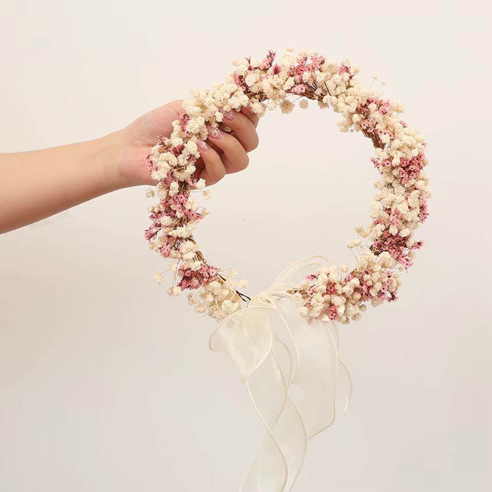 Couronne de fleurs séchées à la main, gypsophile Beige, bandeau d'herbe en cristal rose, pour femmes