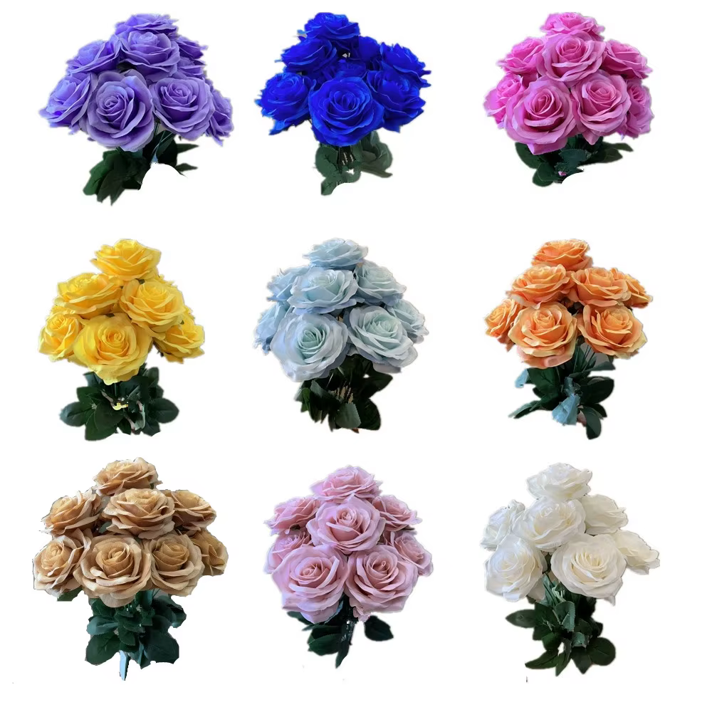 Bouquet de roses artificielles à 9 têtes, décor de roses de mariage, affichage de scène, cadeau Flor
