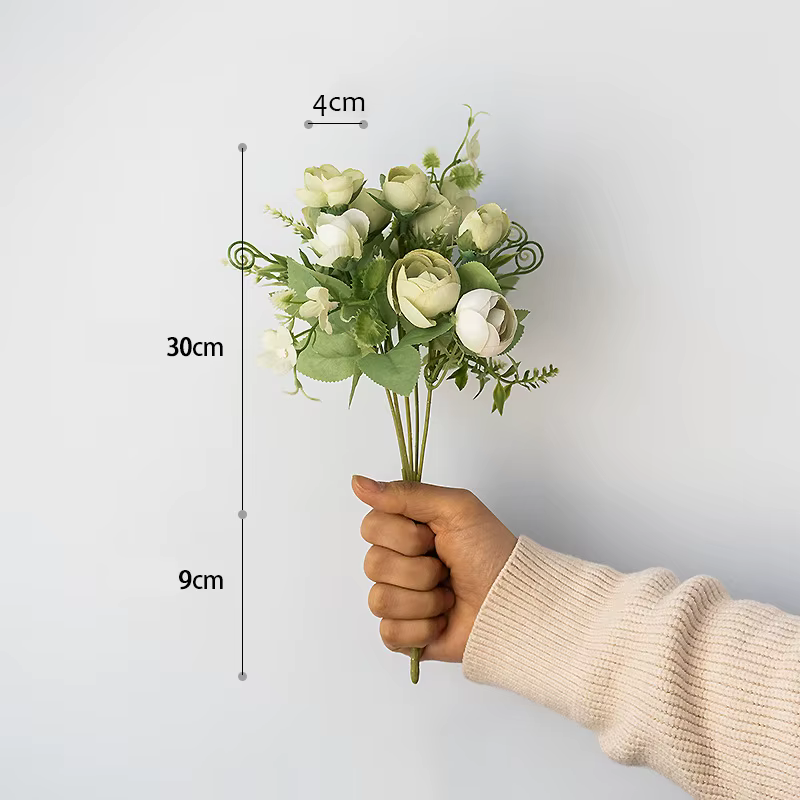 Roses de thé artificielles en soie, Vintage européen, 6 têtes, 4 petits bourgeons, Bouquet de mariag