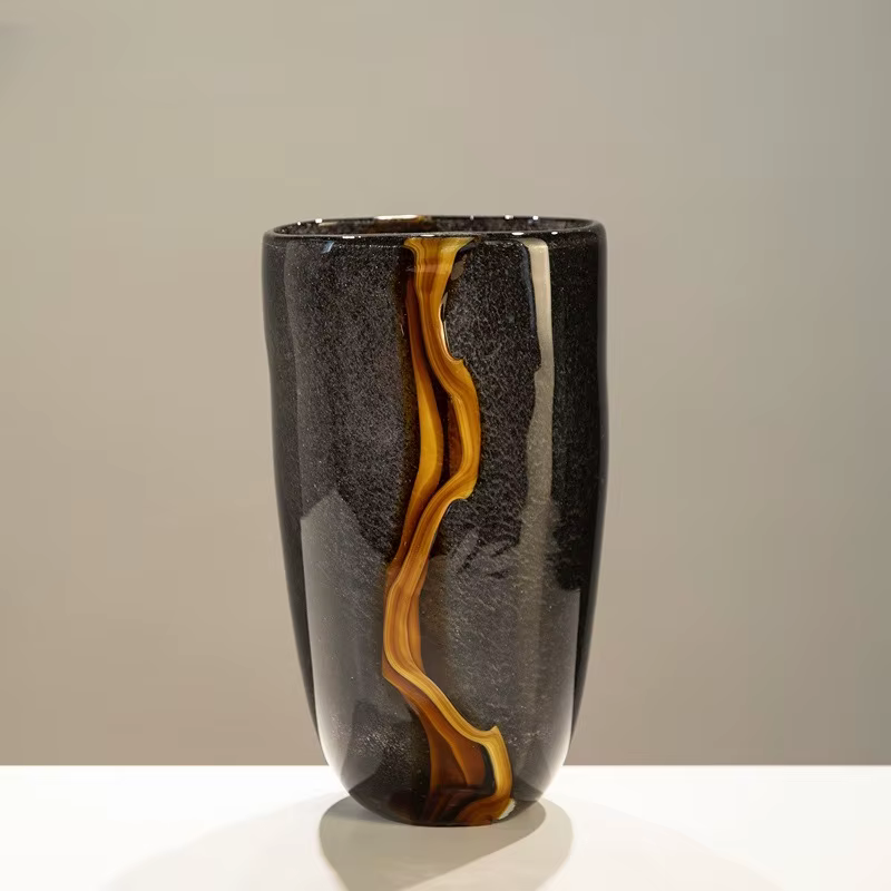 Vase à fleurs rétro noir veiné d'orange, 1 pièce, décoration douce haut de gamme, ornement moderne,