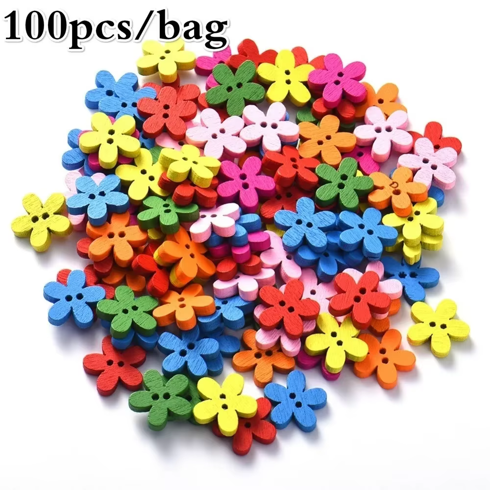 Boutons décoratifs en bois à fleurs mélangées, 100 pièces, 14x15mm, 2 trous, adaptés à la couture de