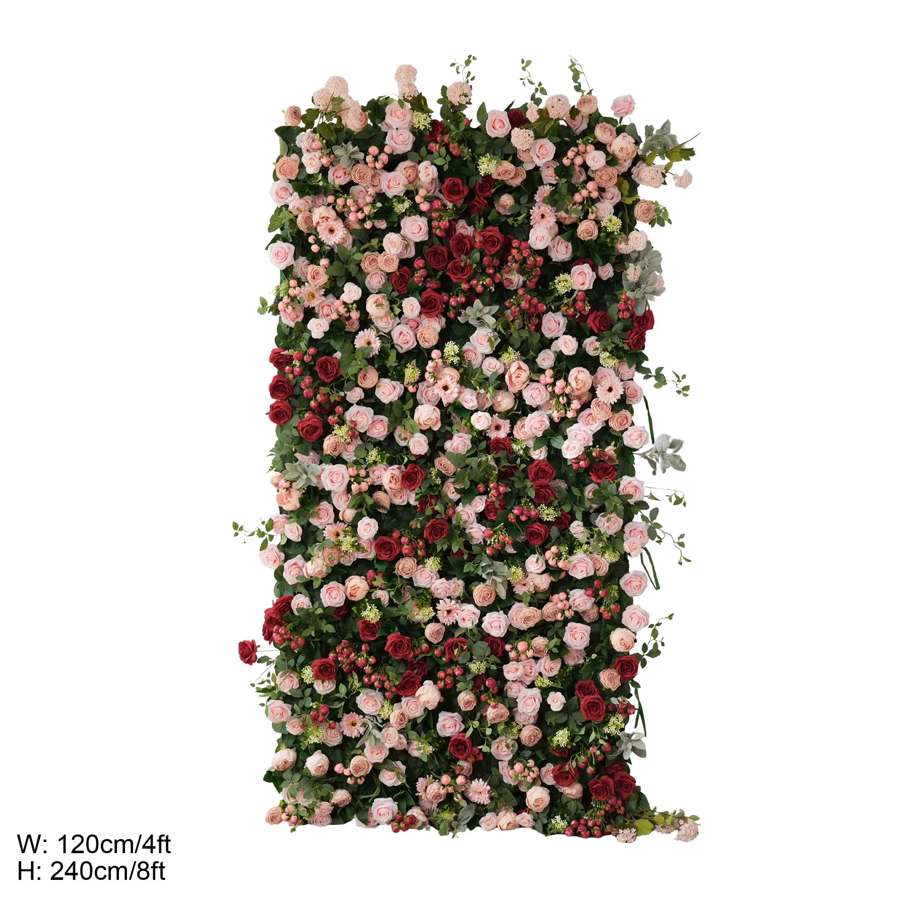 A9137 Composition florale artificielle Angela, roses roses et bordeaux, verdure, rideau en tissu enr
