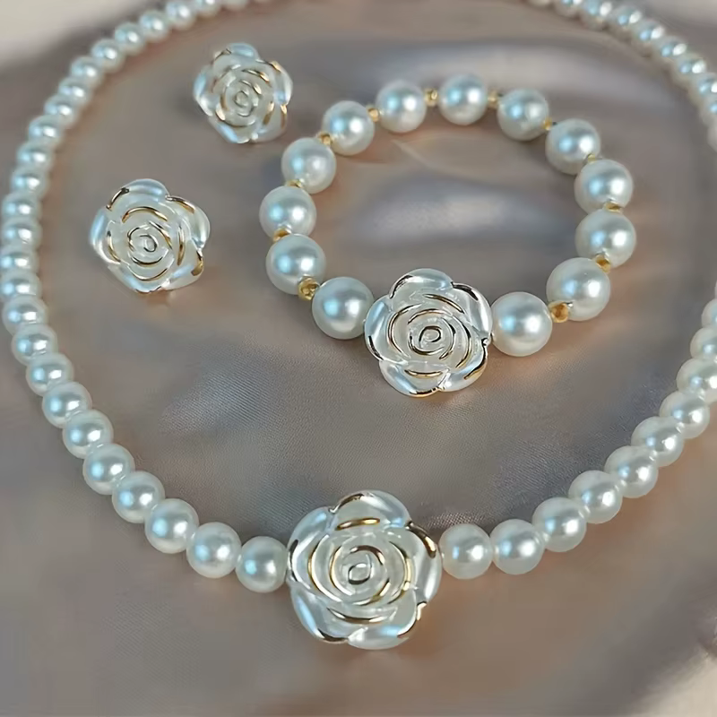 Collier et Bracelets en Imitation de perles pour femmes, élégant, fleur délicate, boucles d'oreilles