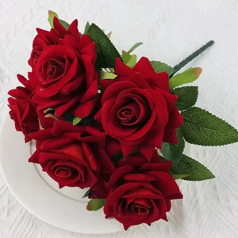 Bouquet de roses artificielles en velours, décorations de mariage, roses rouges à 7 têtes, fleurs dé