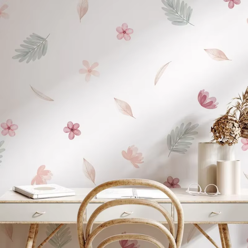 Autocollants muraux botaniques floraux roses, décor de salon pour chambre d'enfants, décoration mura