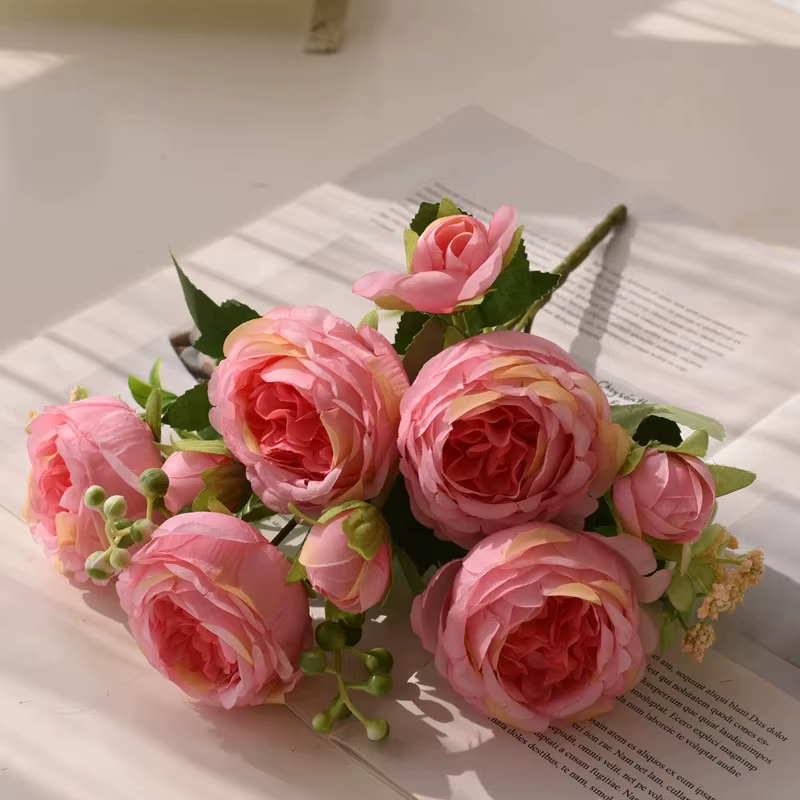 InjBouquet Rose Pivoine Artificielle, 5 Grosses Têtes 4 Petits Bourgeons, Fleurs Artificielles, Déco
