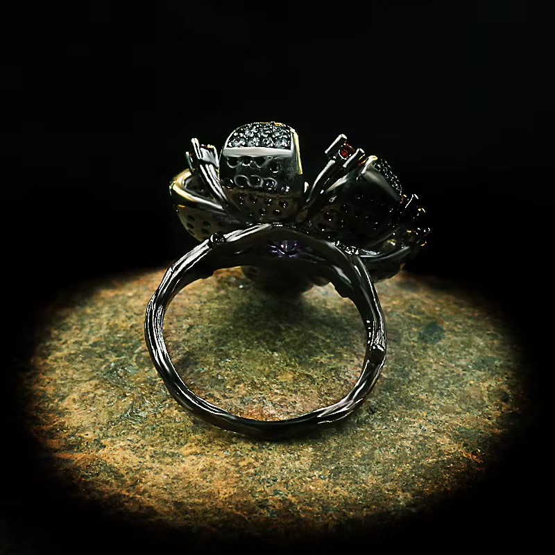 Bague en argent 925 pour femmes, Unique, noir, or, en forme de fleur, Zircon violet, brillant, bijoux élégants, chaîne de pull de fête