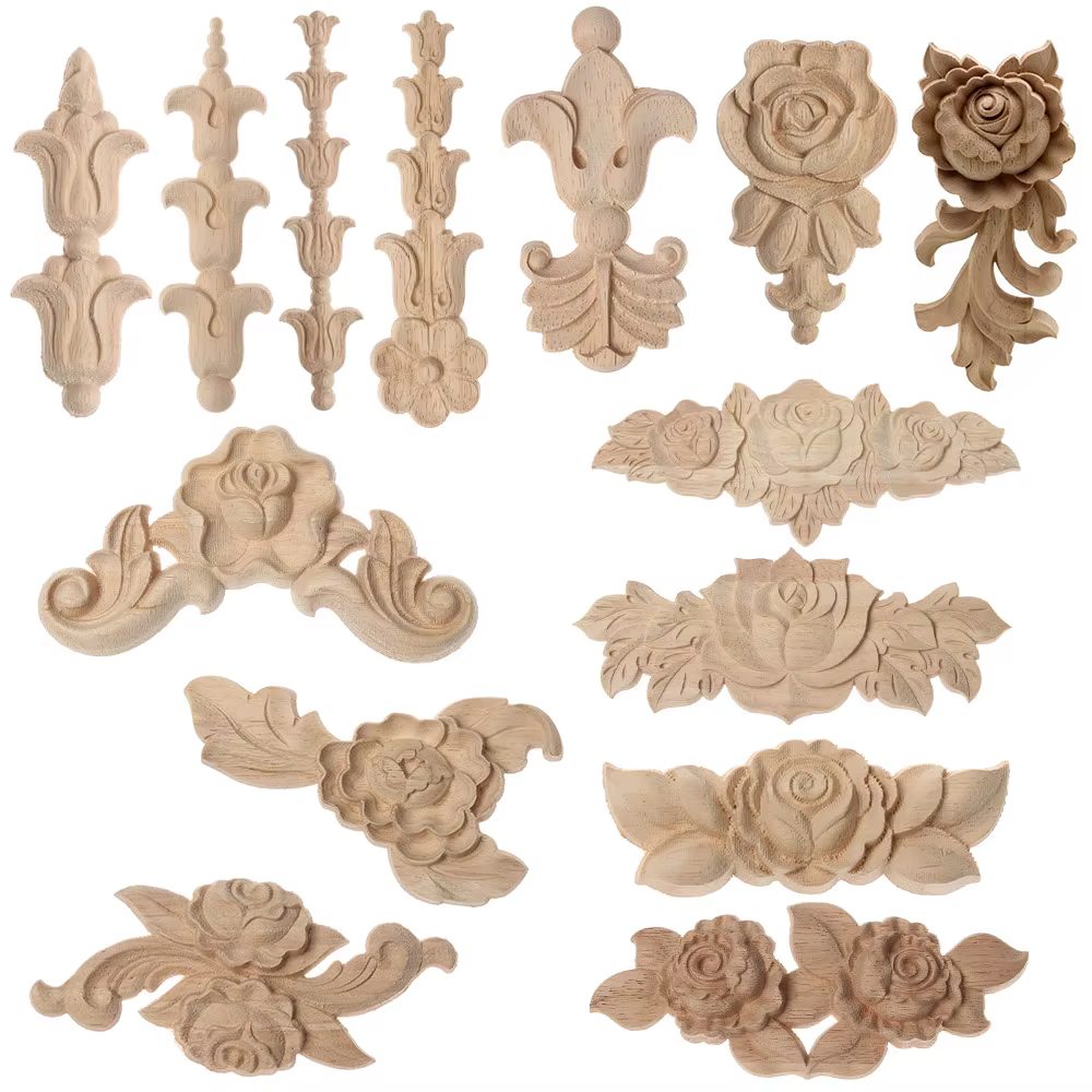 Appliques d'Angle en Bois Sculpté à Motif Floral pour Meubles