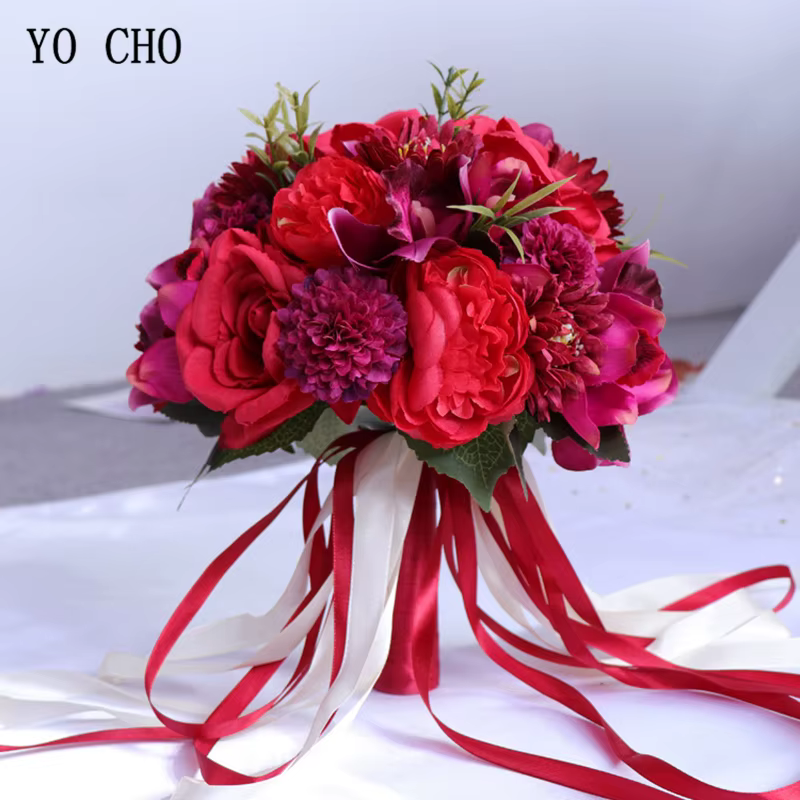 YO CHO Bouquet de fleurs de mariée fournitures de mariage artificielle soie Rose pivoine fleur Bouquet de mariage Dahlia orchidée Bouquets de qualité