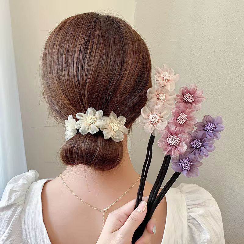 Nouvelles femmes élégantes bourgeon en mousseline de soie fleurs chignon Maruko coiffures faisant des outils longs bandeau doux bandeaux accessoires de cheveux de mode
