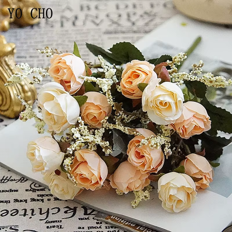 YO CHO Artificielle Soie Rose Fleur pour Fille Mariage Mini Bouquet DIY Home Party Décoration 15 Têtes Champagne Bleu