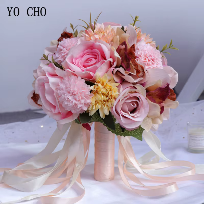 YO CHO Bouquet de fleurs de mariée fournitures de mariage artificielle soie Rose pivoine fleur Bouquet de mariage Dahlia orchidée Bouquets de qualité