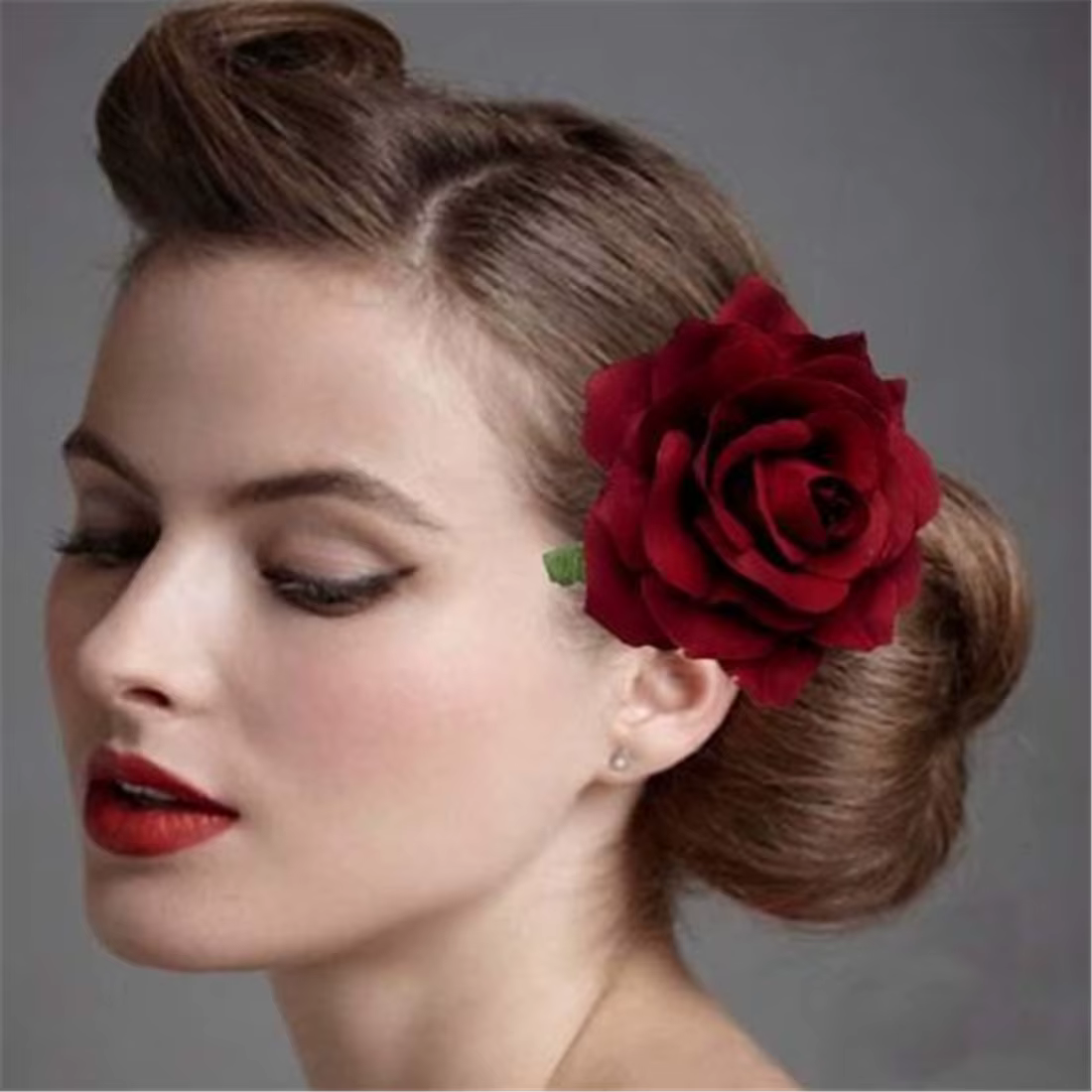 Pince à cheveux en forme de fleur de Rose rouge pour femmes, Barrette pour mariée, tissu floqué, accessoires pour cheveux de fête