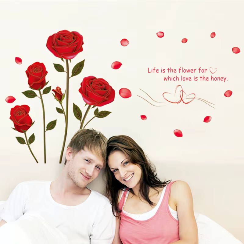 Autocollant mural romantique rose rouge pour chambre à coucher