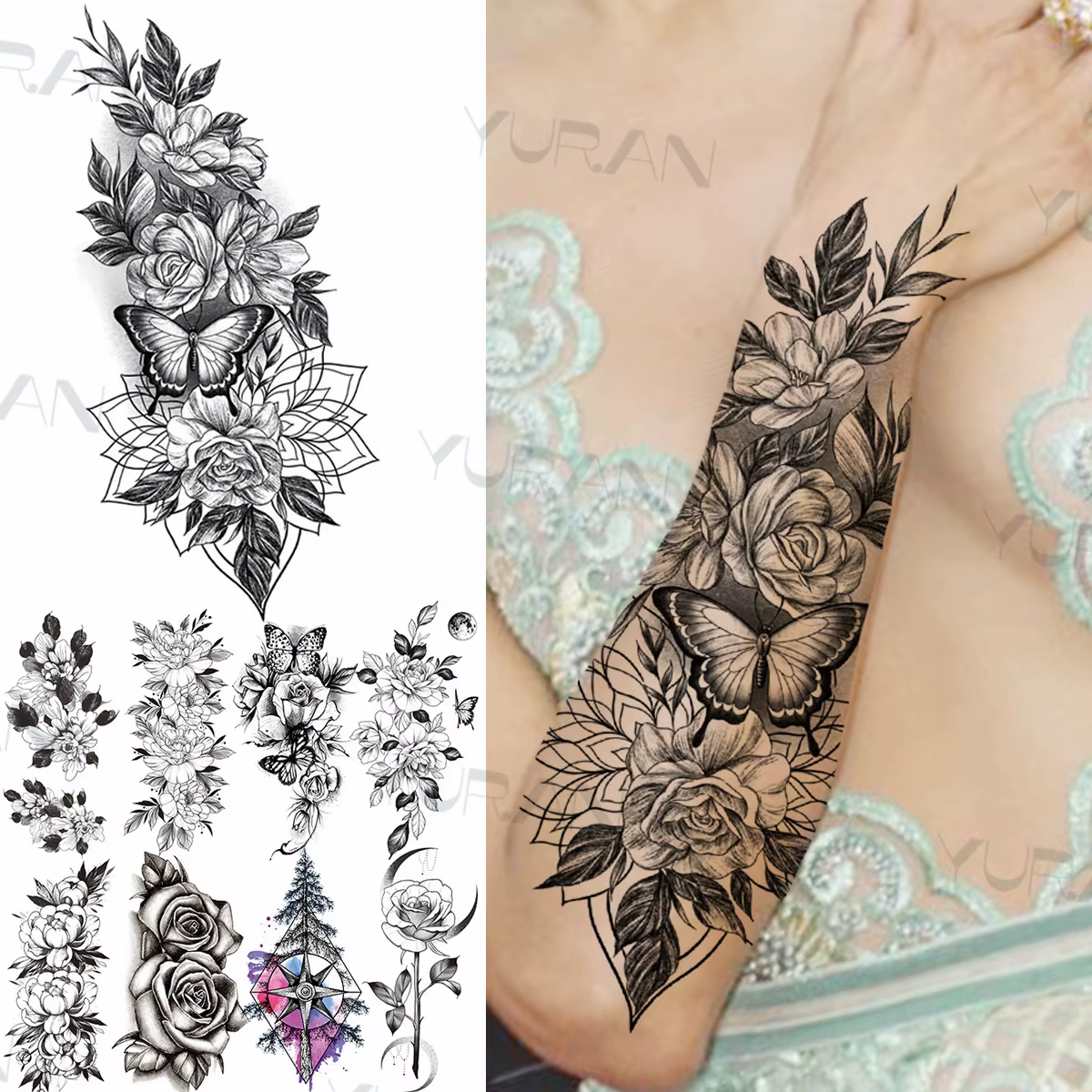 Tatouages temporaires Sexy fleur noire papillon pour femmes cuisses hommes fausse lune Rose boussole faux tatouages avant-bras autocollants de tatouage