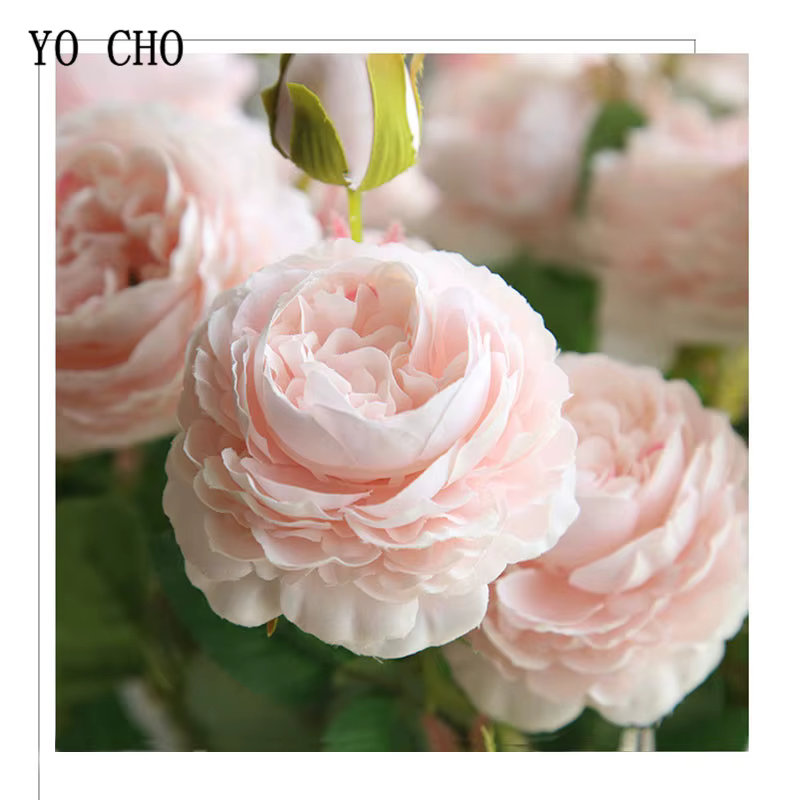 YO CHO Blanc Rose Pivoines Fleur Artificielle Bouquet De Fleurs En Soie 3 Têtes
