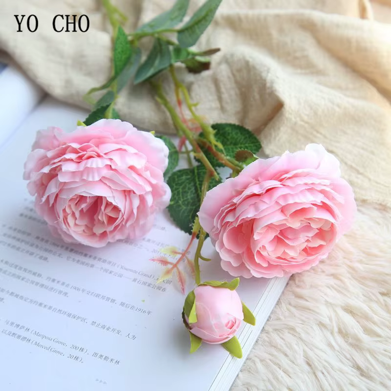 YO CHO Blanc Rose Pivoines Fleur Artificielle Bouquet De Fleurs En Soie 3 Têtes