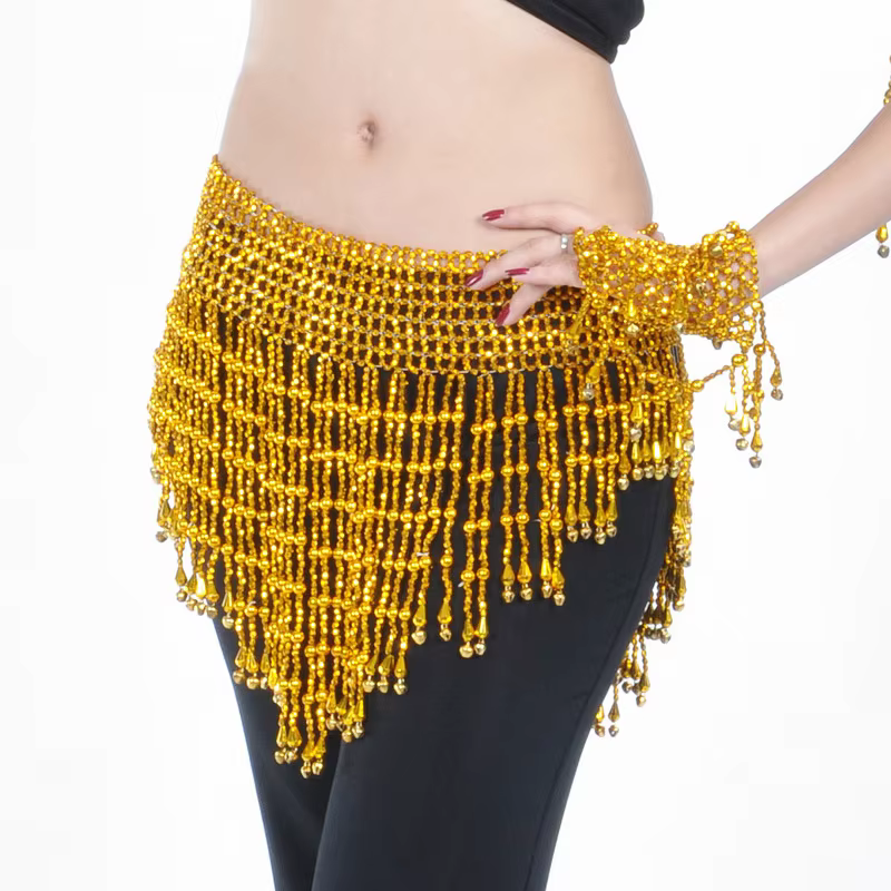 Accessoire de costume de danse du ventre : Chaîne de taille pour femme avec perles crochetées à la main et franges de danse