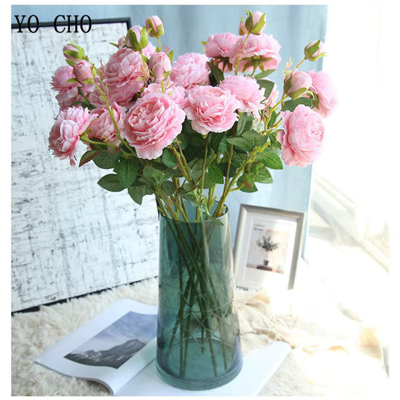 YO CHO Blanc Rose Pivoines Fleur Artificielle Bouquet De Fleurs En Soie 3 Têtes