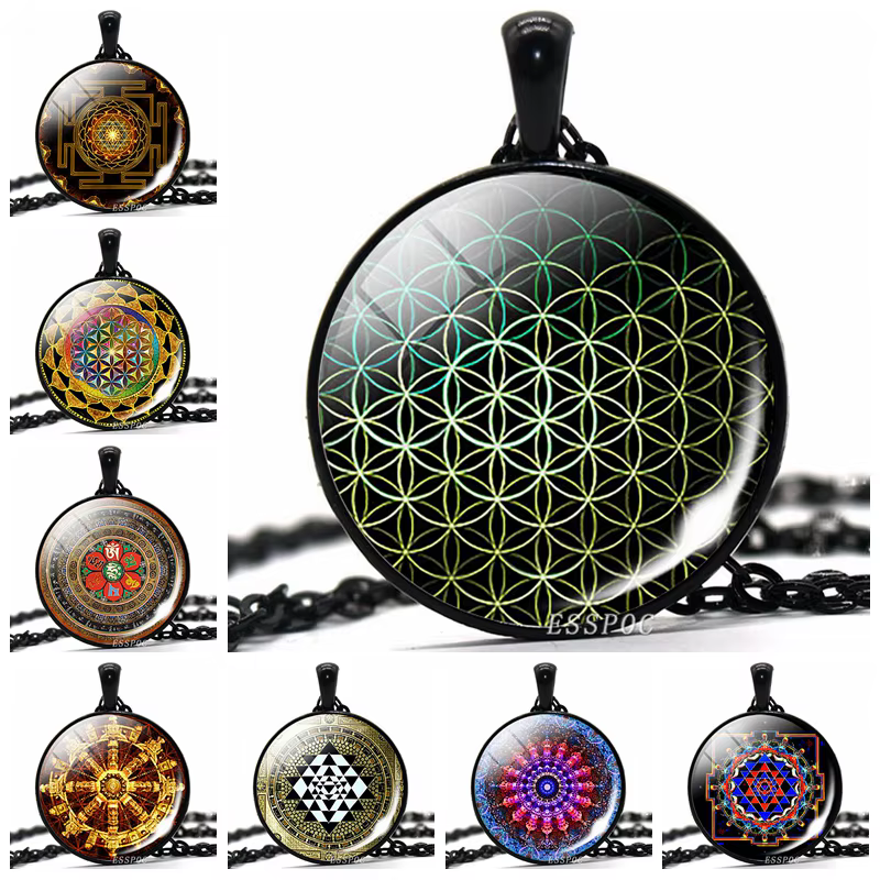 Collier avec fleur de vie pour femmes, pendentif, Cabochon en verre, bijou Mandala spirituel, Yoga, accessoires de mode