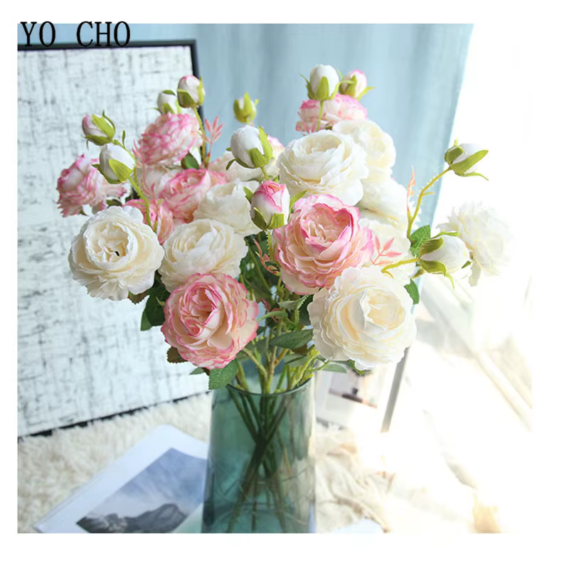 YO CHO Blanc Rose Pivoines Fleur Artificielle Bouquet De Fleurs En Soie 3 Têtes