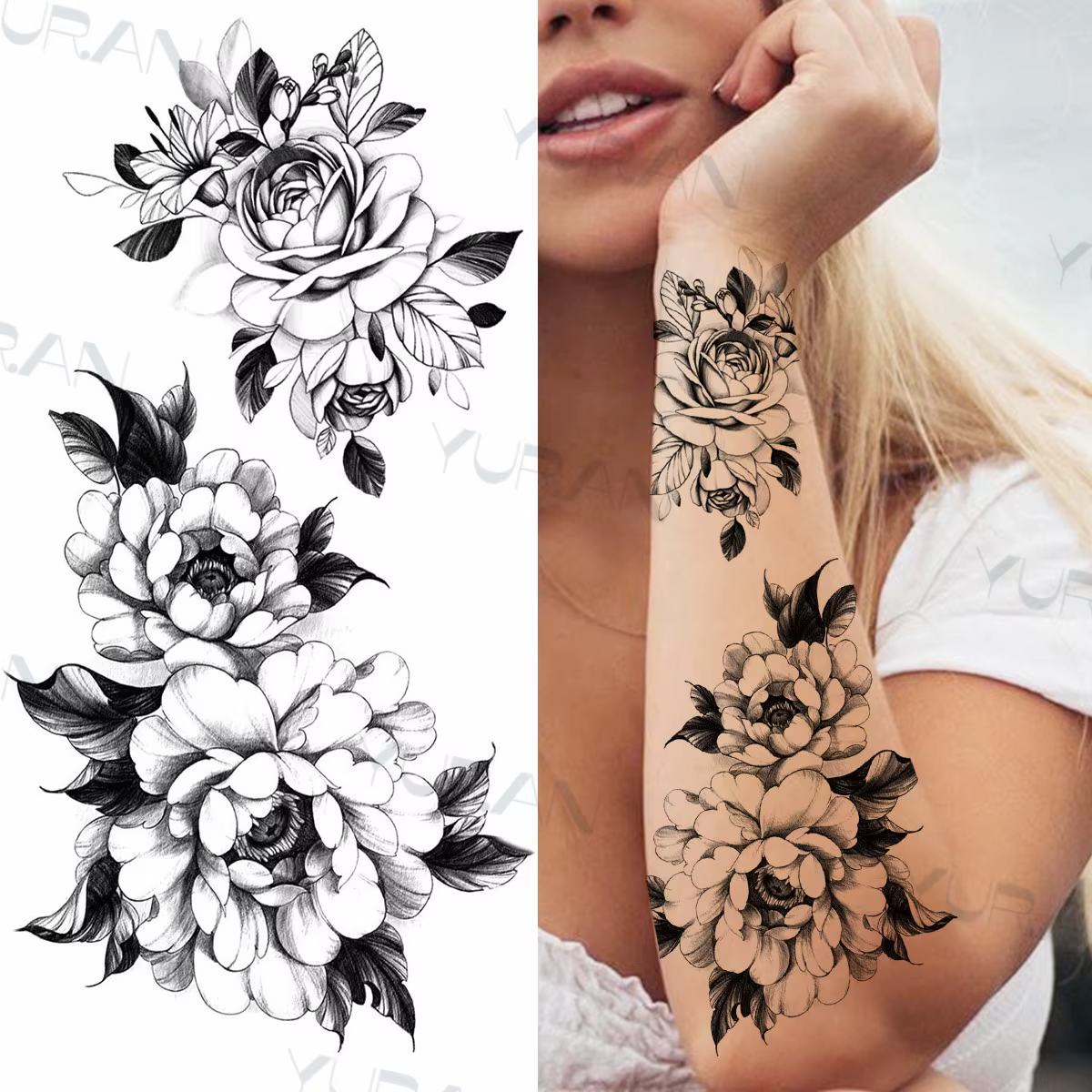 Tatouages temporaires Sexy fleur noire papillon pour femmes cuisses hommes fausse lune Rose boussole faux tatouages avant-bras autocollants de tatouage