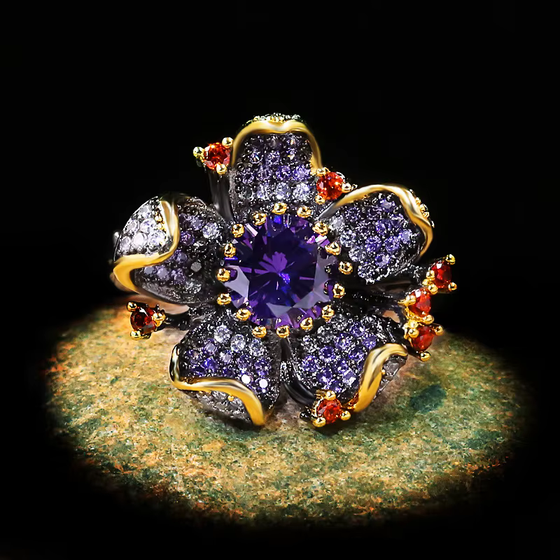 Bague en argent 925 pour femmes, Unique, noir, or, en forme de fleur, Zircon violet, brillant, bijoux élégants, chaîne de pull de fête