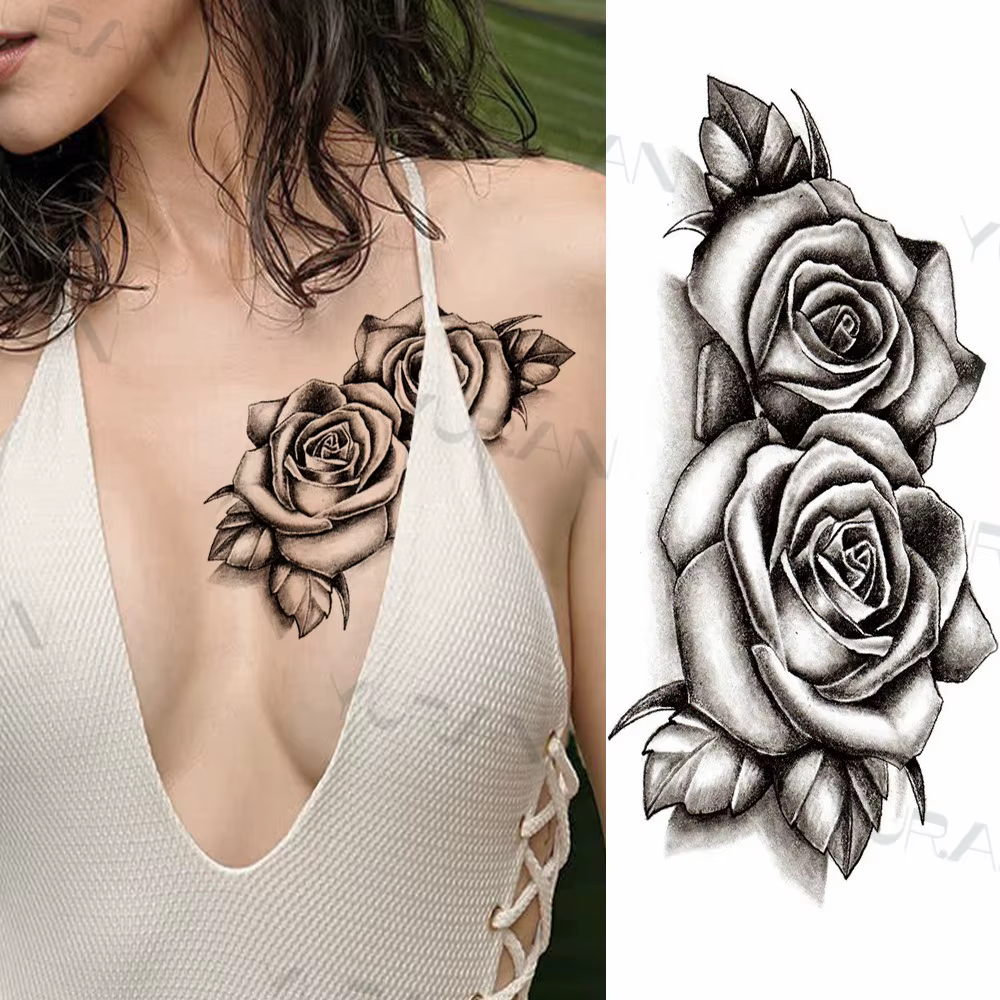 Tatouages temporaires Sexy fleur noire papillon pour femmes cuisses hommes fausse lune Rose boussole faux tatouages avant-bras autocollants de tatouage