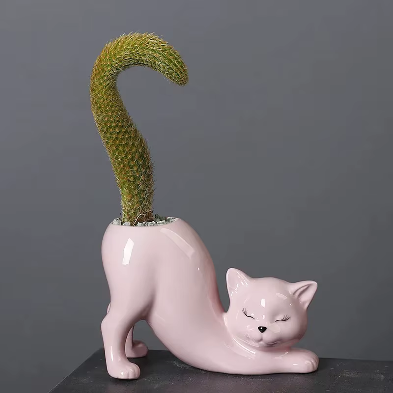 Pot de fleurs en céramique en forme de chat créatif et mignon