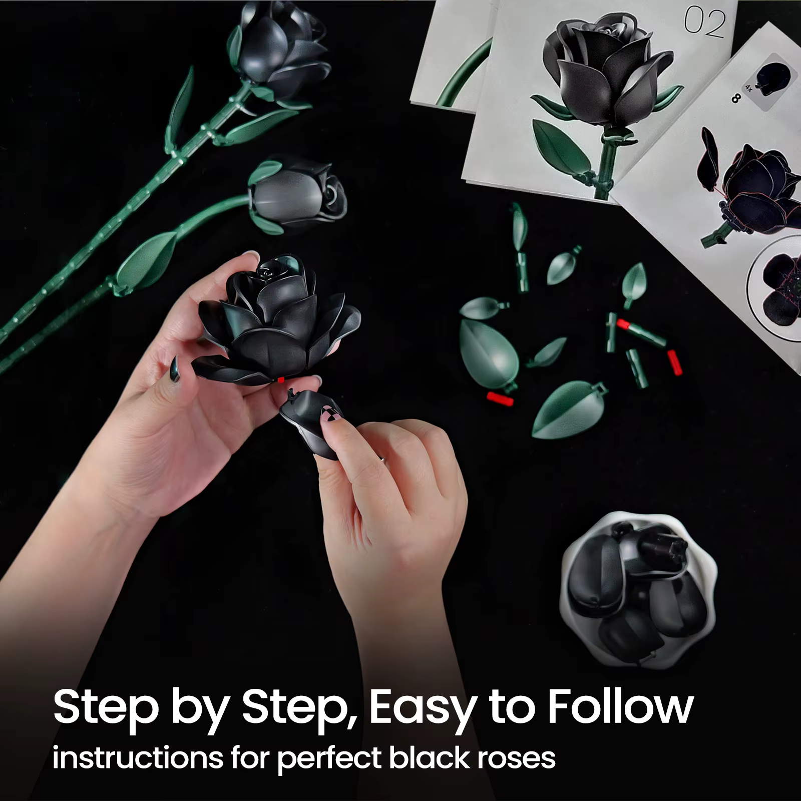 Roses Flowers Bouquet Building Set Botanical Dark Gothic Decor Home Office Blocks Toys for Adults Mom Birthday Gifts