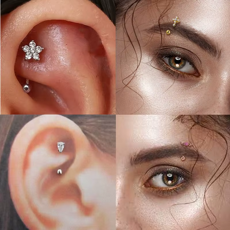 3 pièces fleur sourcil haltère Piercing ensemble Zircon incurvé haltères Piercing Pack coeur oreille Rook boucle d'oreille goujon barres sourcil anneau Lot