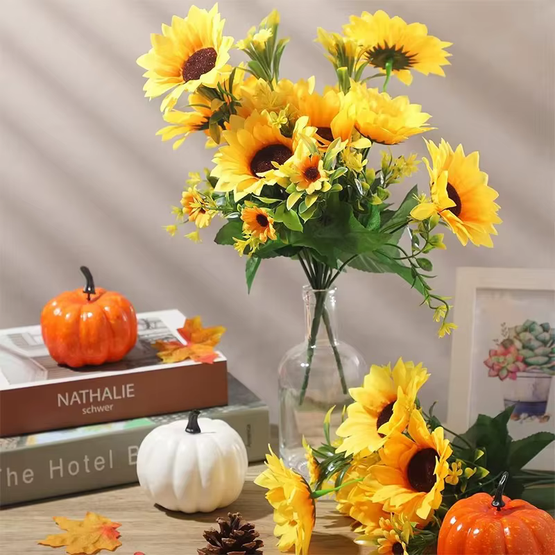1 bouquet de 13 têtes de tournesols artificiels