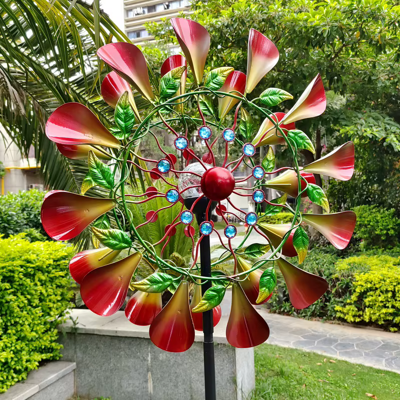 Moulin à vent à fleurs trompette Double face, avec lumière solaire rotative en fer, décor de jardin, Pinwheel extérieur, piquets de paysage, ornements