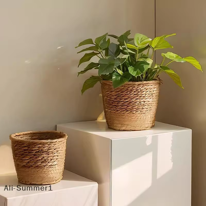 Pot de plantes à fleurs tissées en paille