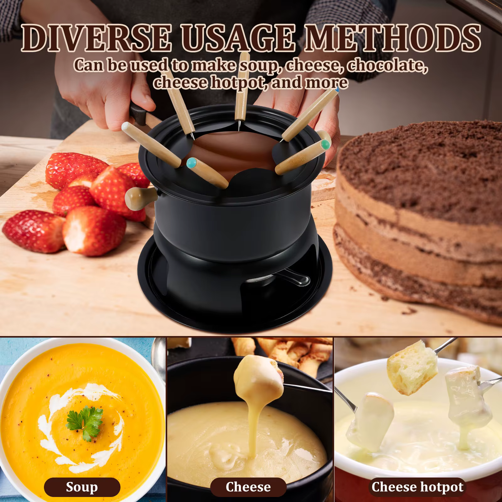 Kit de fondue polyvalent pour fondue au fromage et chocolats, ensemble de casseroles à fondue en acier inoxydable, appareil à fondue chauffant uniforme avec 6 fourchettes