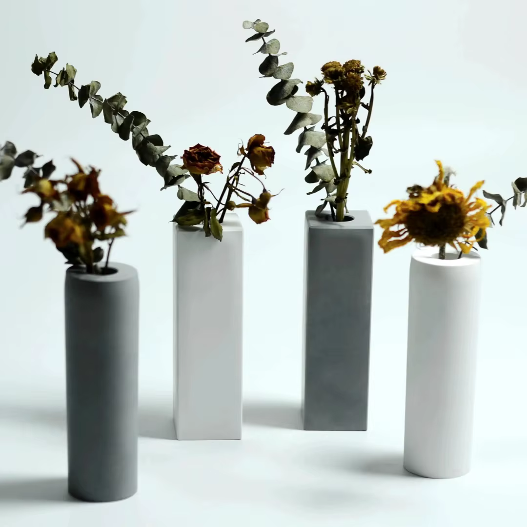 Vase à fleurs sèches en ciment géométrique minimaliste